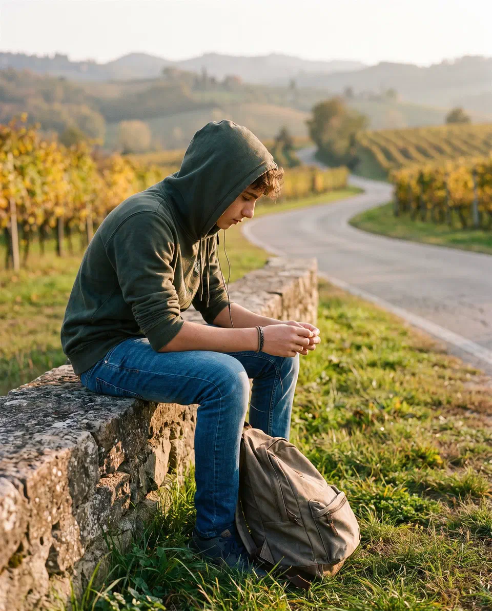 Un ragazzo con la felpa seduto su un muretto in campagna, lo zaino a terra, assorto nei suoi pensieri